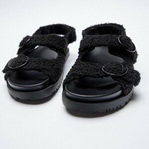 ZARA BLACK FLAT SLIDER SANDALS TWEED FABRIC RHINESTONES. SIZE US 9 3663/110/800